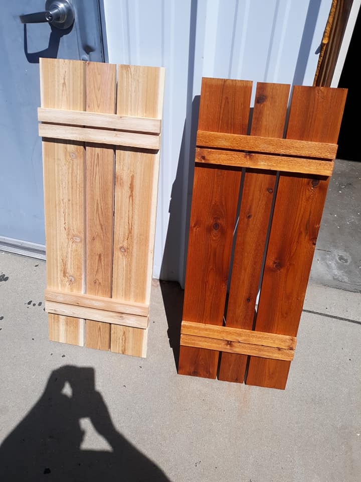 A before and after comparison of wood after it's stained cherry color