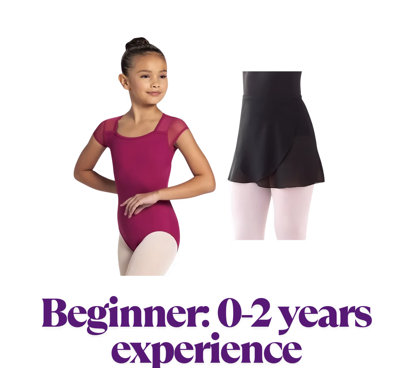 A dancer wears a short-sleeve magenta leotard with mesh shoulders, shown beside a separate black wrap skirt to display required ballet class attire.