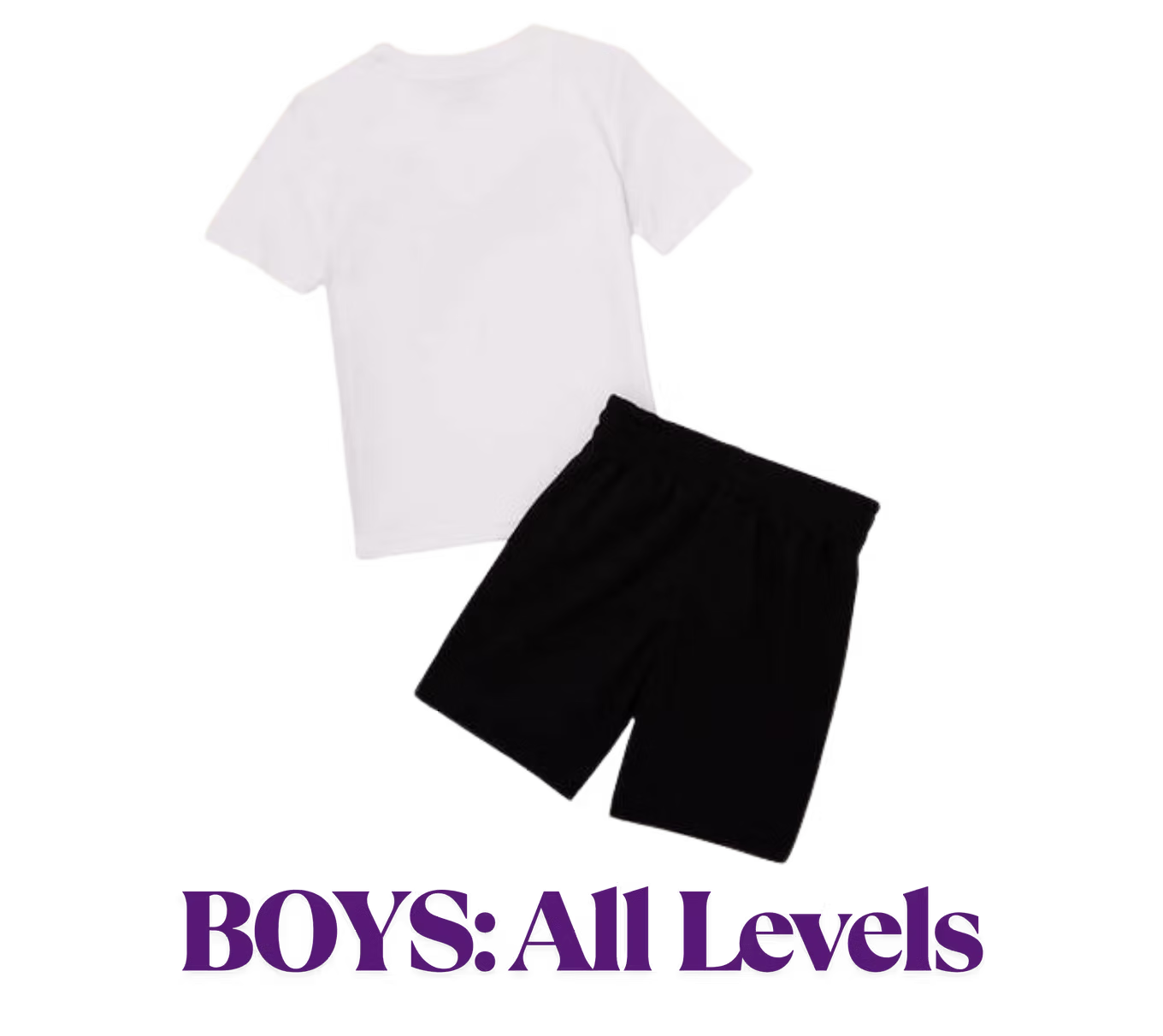 A simple boys' dance uniform featuring a plain white T-shirt and black athletic shorts is shown against a light purple background for all class levels.