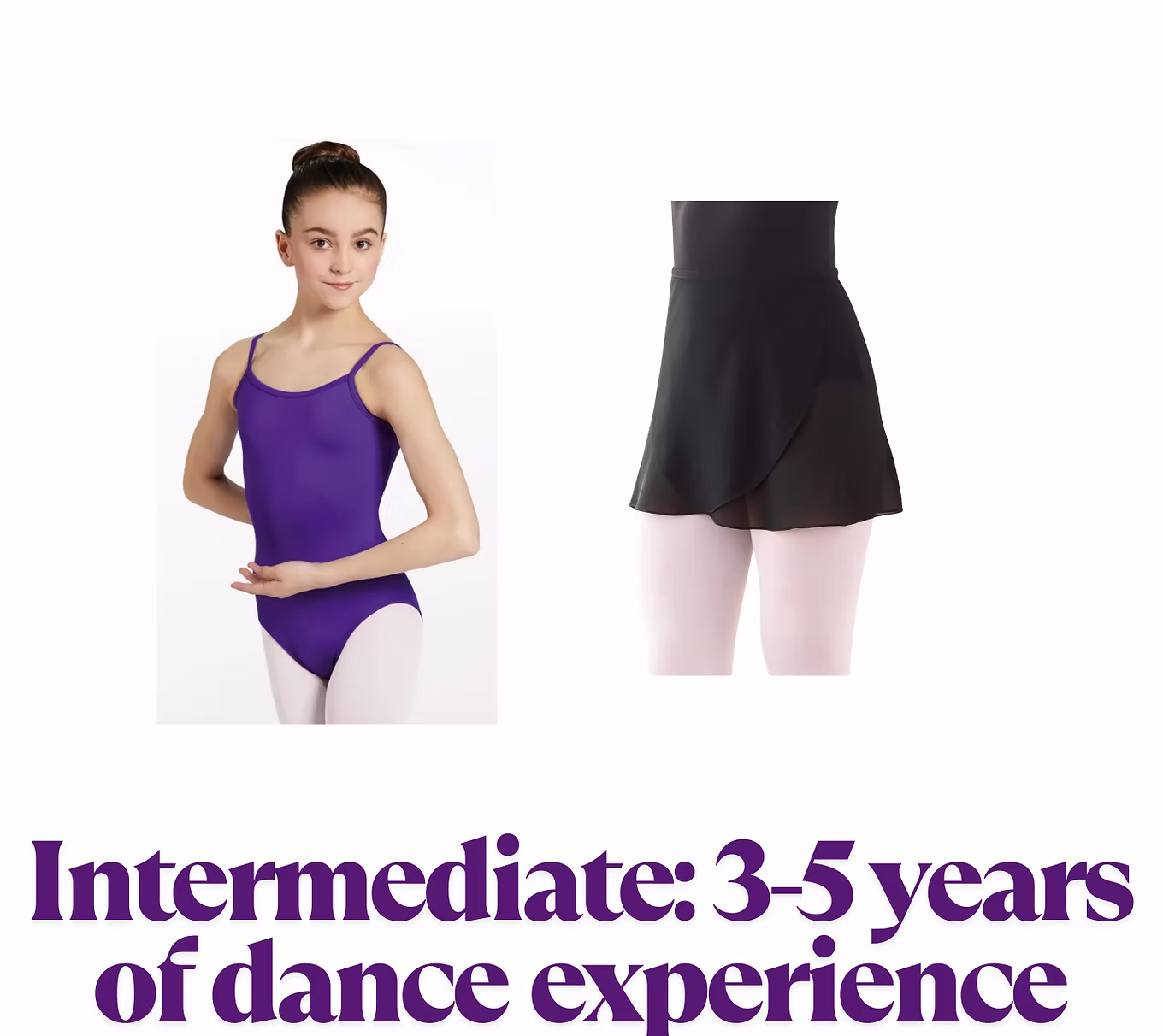 A dancer models a purple camisole leotard, shown next to a black wrap skirt on tights, highlighting optional uniform pieces for ballet classes.