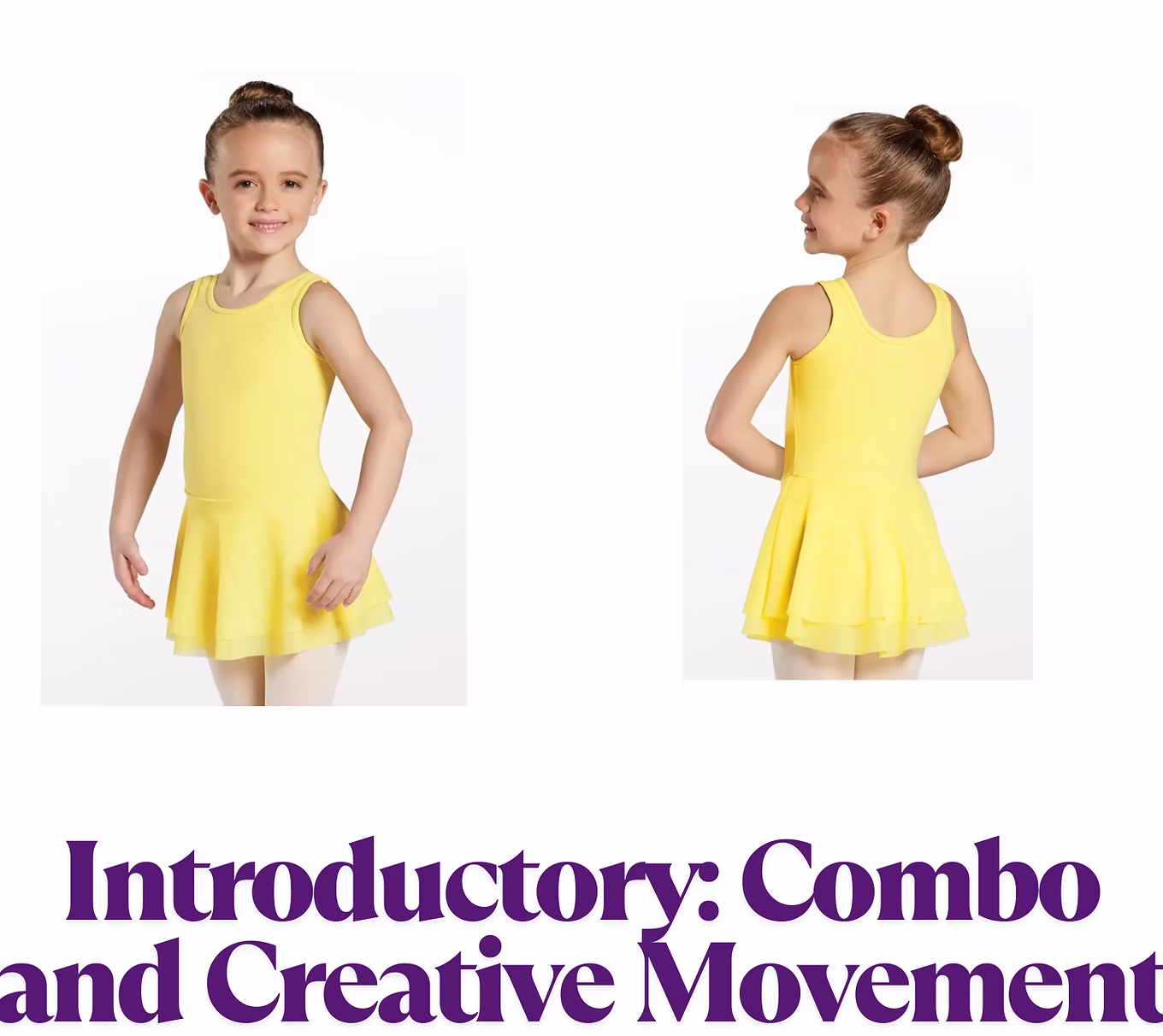 A young dancer models a bright yellow tank-style ballet dress, shown from the front and back against a light background to display the costume details.
