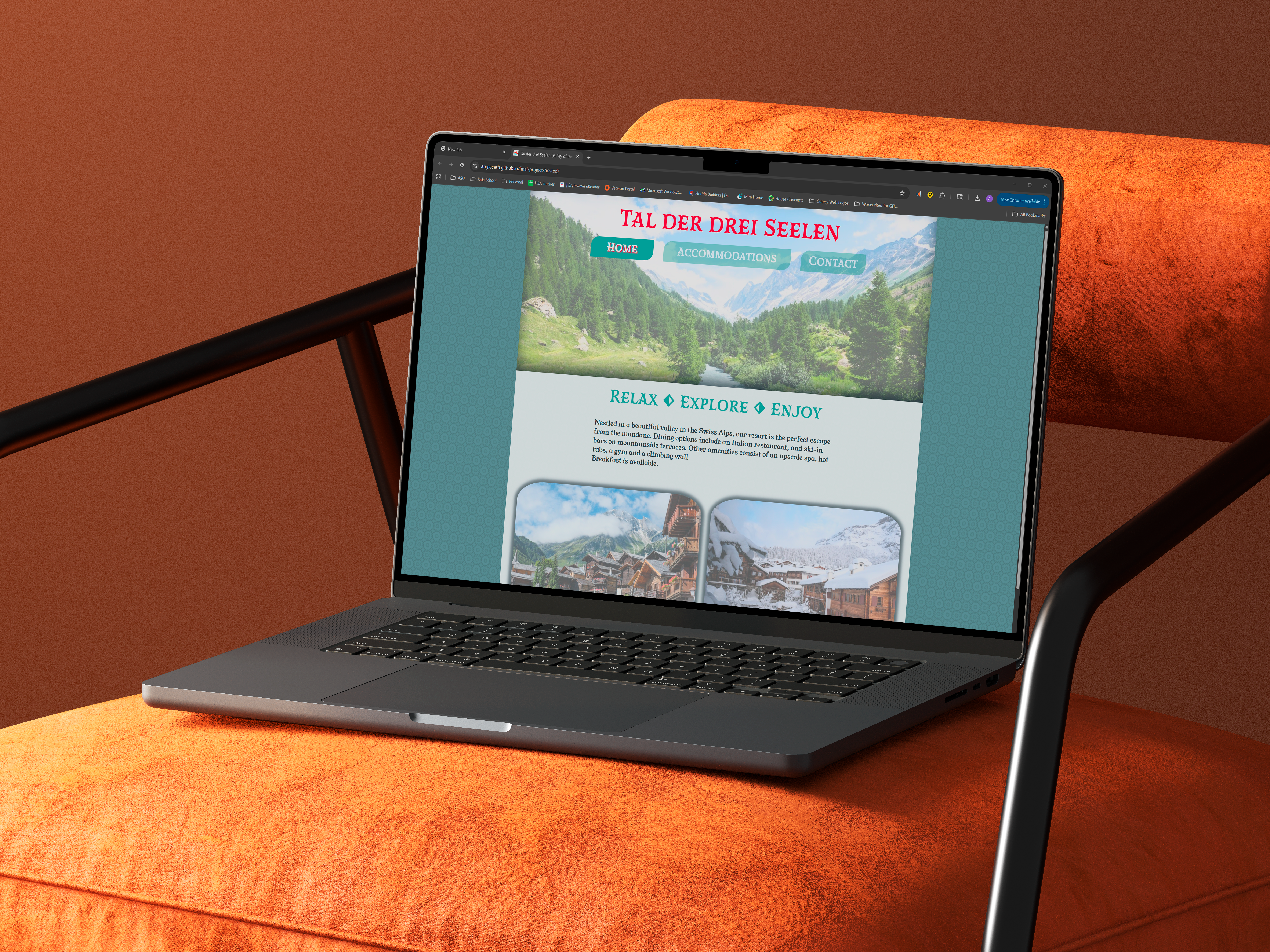 An open laptop resting on an orange chair displays a Swiss Alps resort website, featuring mountain scenery, navigation links, and introductory text promoting relaxation, exploration, and accommodations.