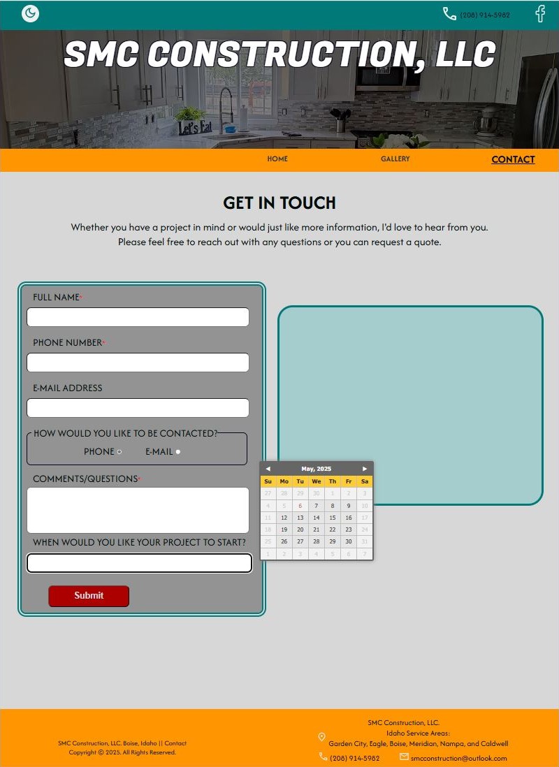 Screenshot of the SMC Construction contact page in light mode, displaying a contact form, communication preferences, comments section, date picker calendar, and company service area details.