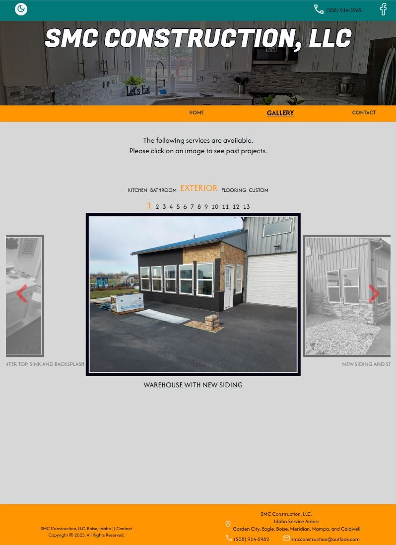 Screenshot of the SMC Construction gallery page in light mode, showing navigation options, service categories, and a featured project photo of a warehouse with new siding.