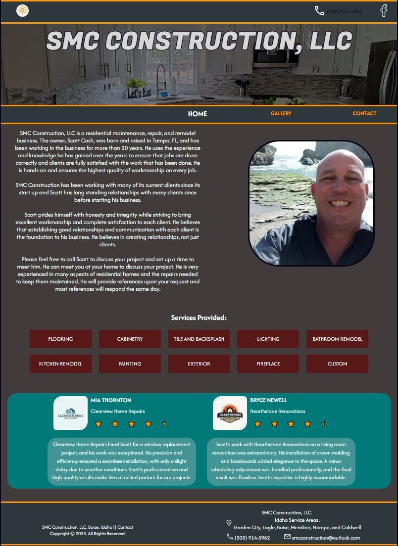 Screenshot of the SMC Construction home page in dark mode, showing company details, owner photo, service buttons, and customer testimonials with a bold, high-contrast color scheme.