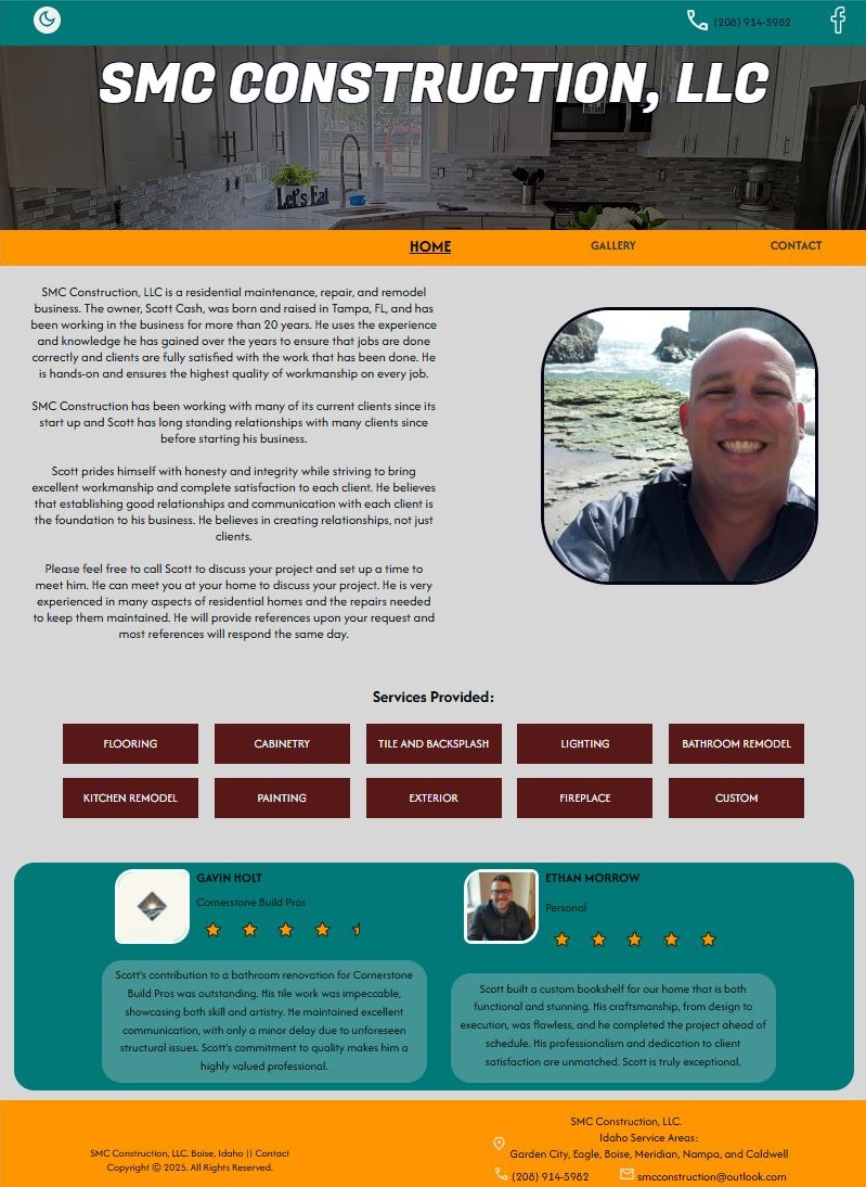 Screenshot of the SMC Construction home page in light mode, featuring company information, a photo of the owner, service category buttons, and client testimonials displayed in organized sections.