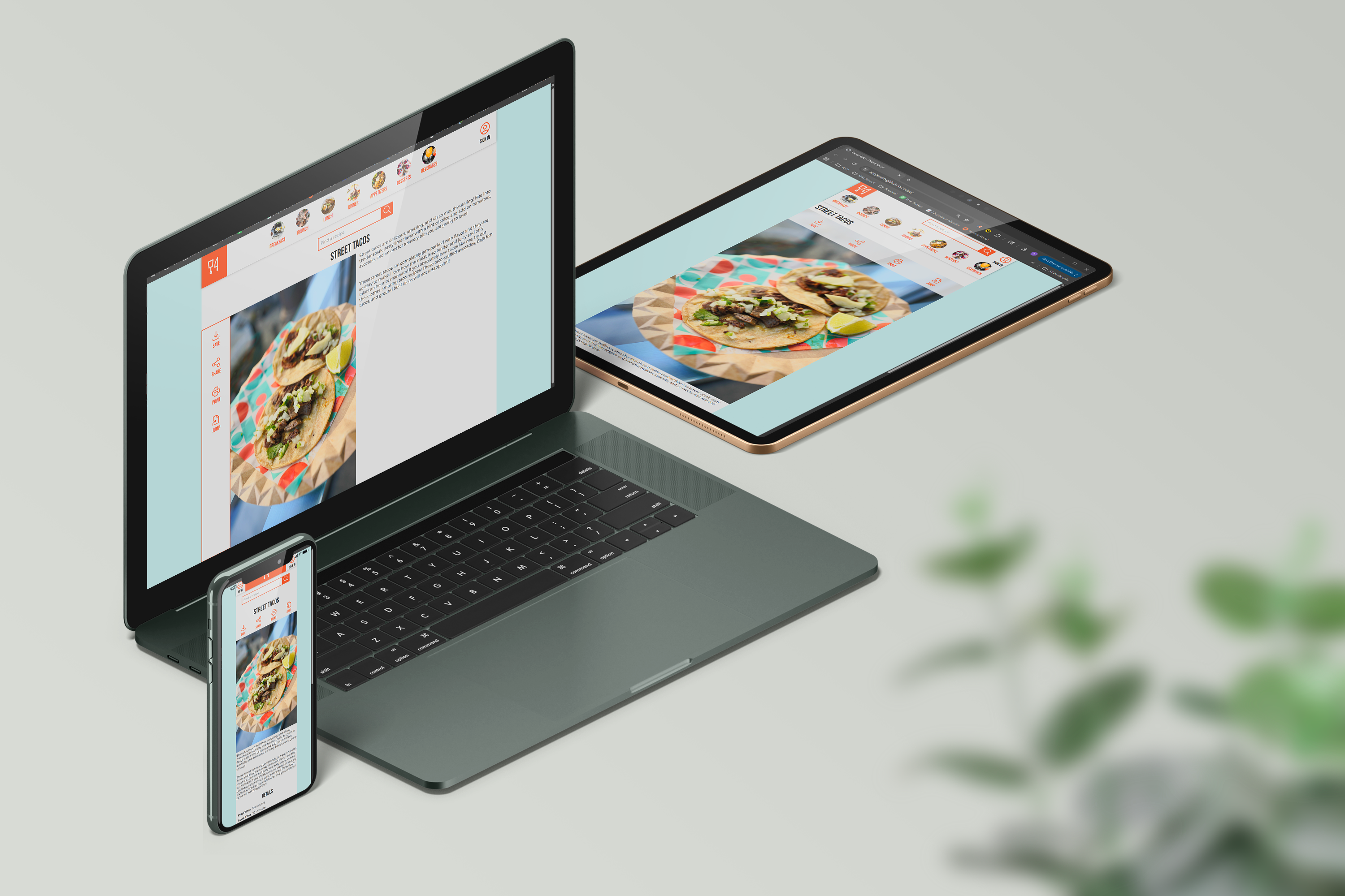 A responsive street taco recipe website displayed on a laptop, tablet, and smartphone, highlighting consistent layout, imagery, and content across multiple device sizes.