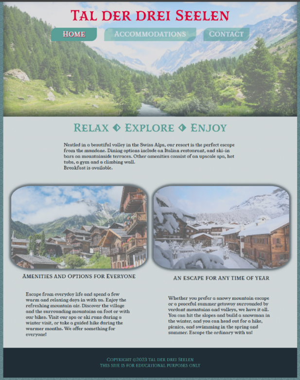 Homepage of Tal der Drei Seelen showing a panoramic mountain header, navigation menu, welcome text, and two images highlighting warm-weather and winter activities available at the Swiss Alps resort.
