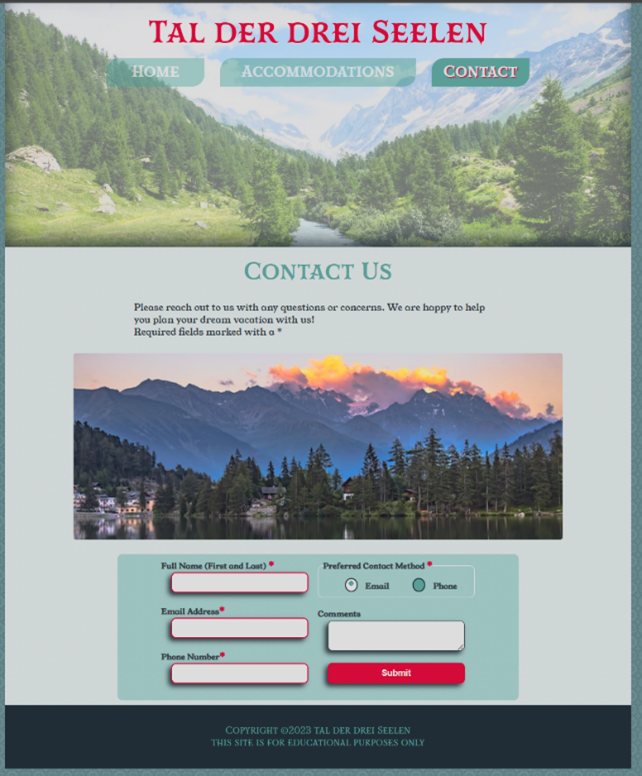Contact page of Tal der Drei Seelen featuring a mountain landscape banner, contact instructions, and a form for name, email, phone number, preferred contact method, and comments.