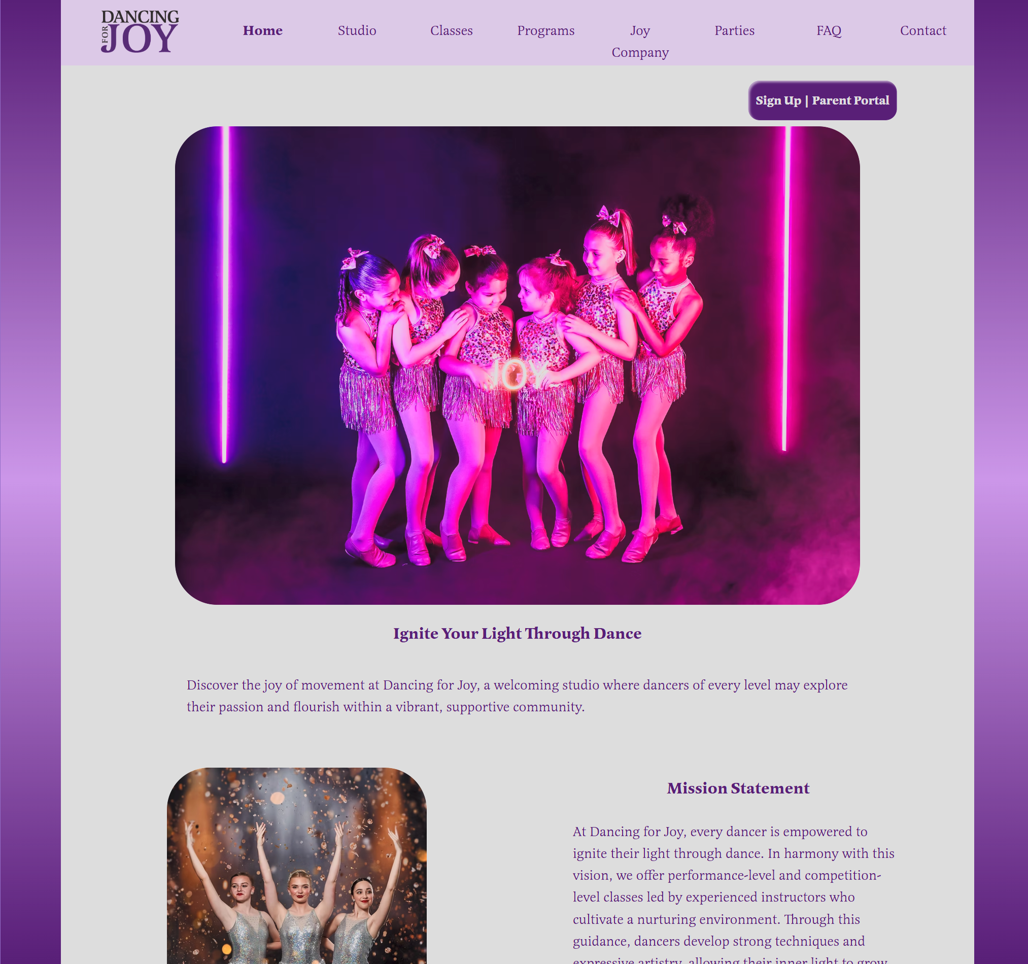 Desktop homepage layout showing the Dancing For Joy logo, horizontal navigation menu, Sign Up Parent Portal button, and a large hero image of dancers beneath the header.