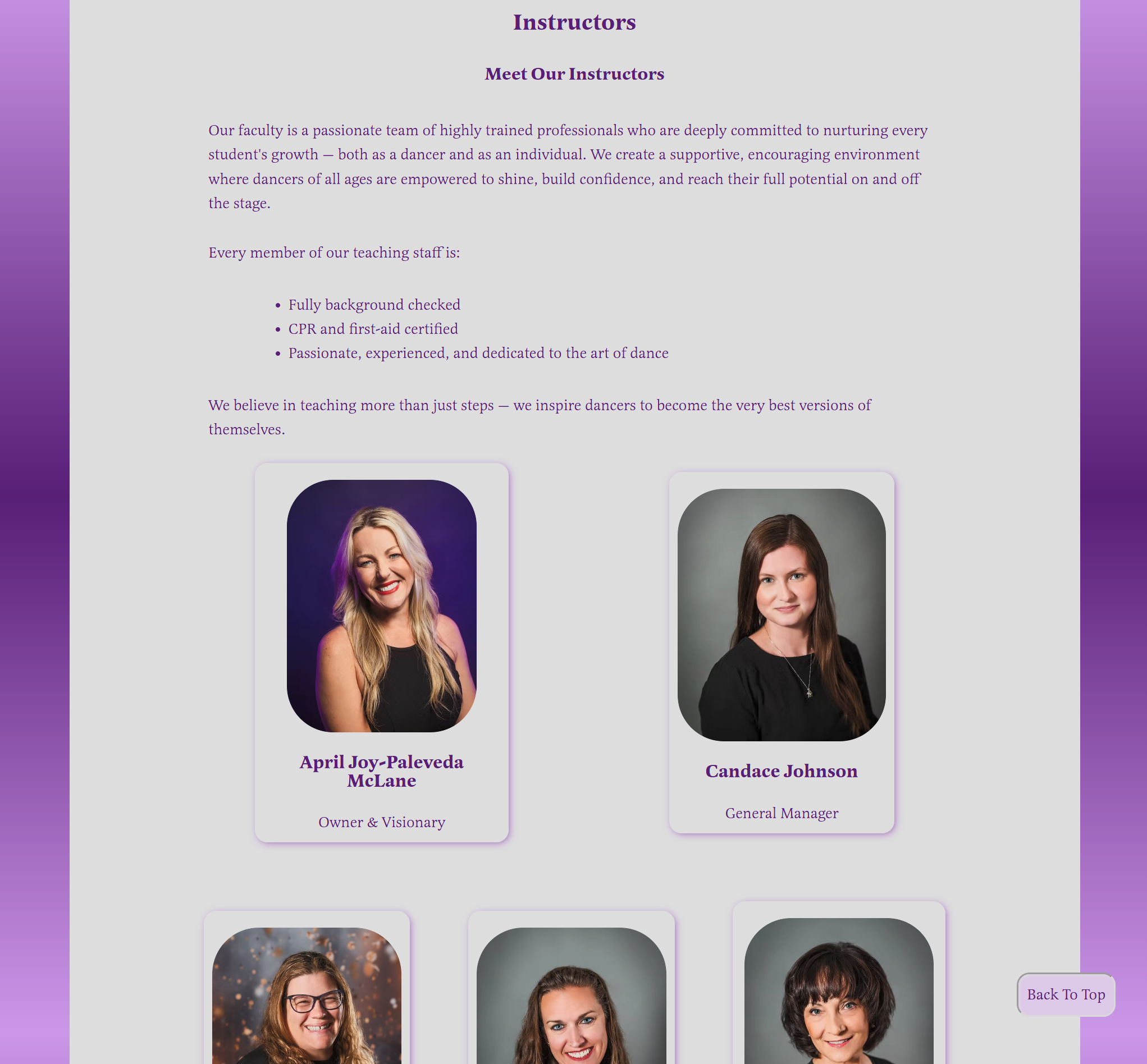 Meet Our Instructors page section with a neutral background, introductory text, and instructor portrait cards arranged in a structured grid layout.