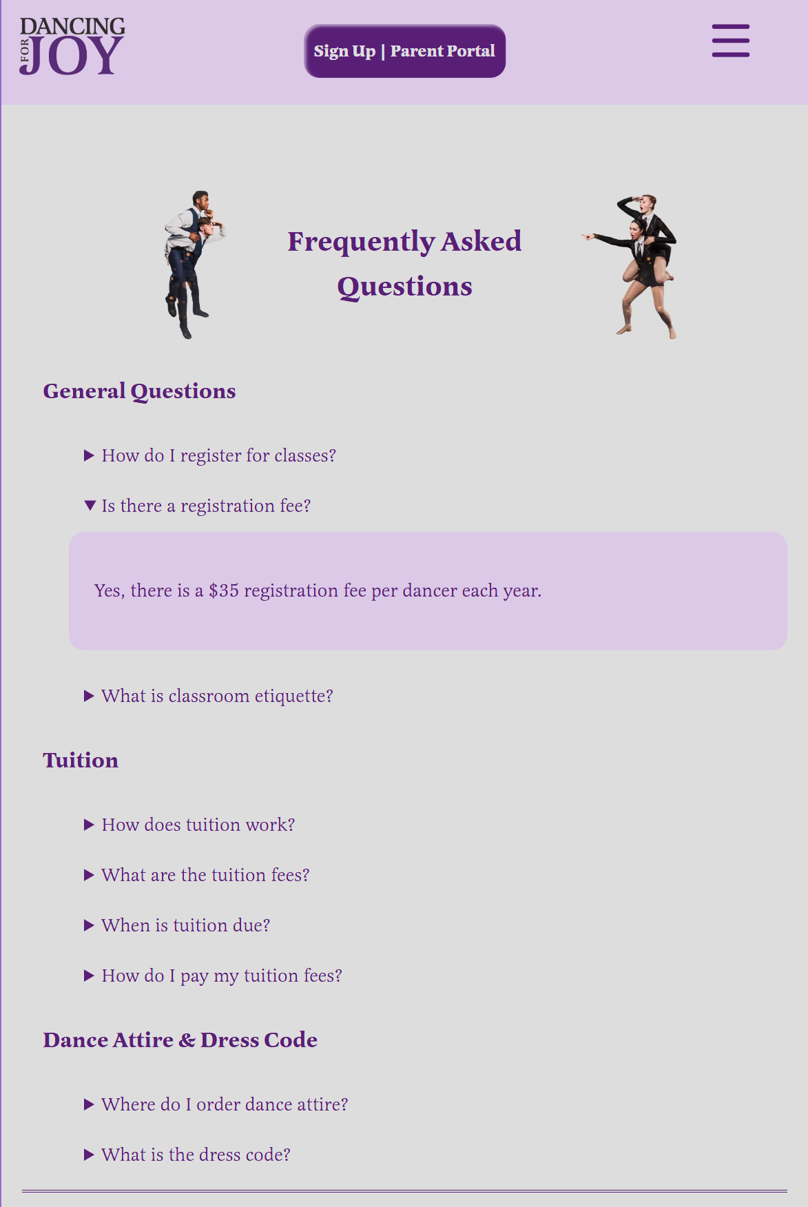 FAQ page layout with a light background, Frequently Asked Questions heading, expandable question sections, and decorative dancer images positioned on each side of the content.
