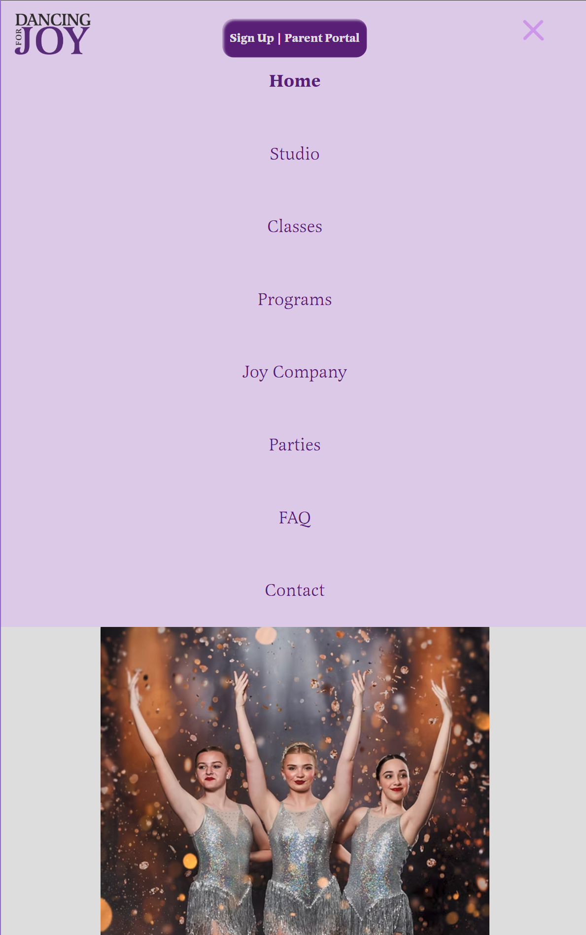 Medium-screen navigation menu with a light lavender background, vertically stacked page links, a close icon, and a Sign Up Parent Portal button above a background image.