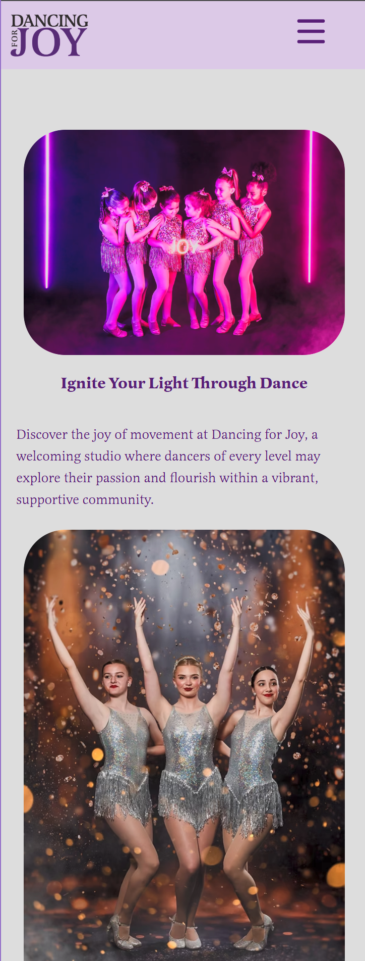 Mobile homepage layout with a light lavender header and navigation icon, featuring a hero image of young dancers under purple lighting, followed by introductory text and a supporting dancer image.