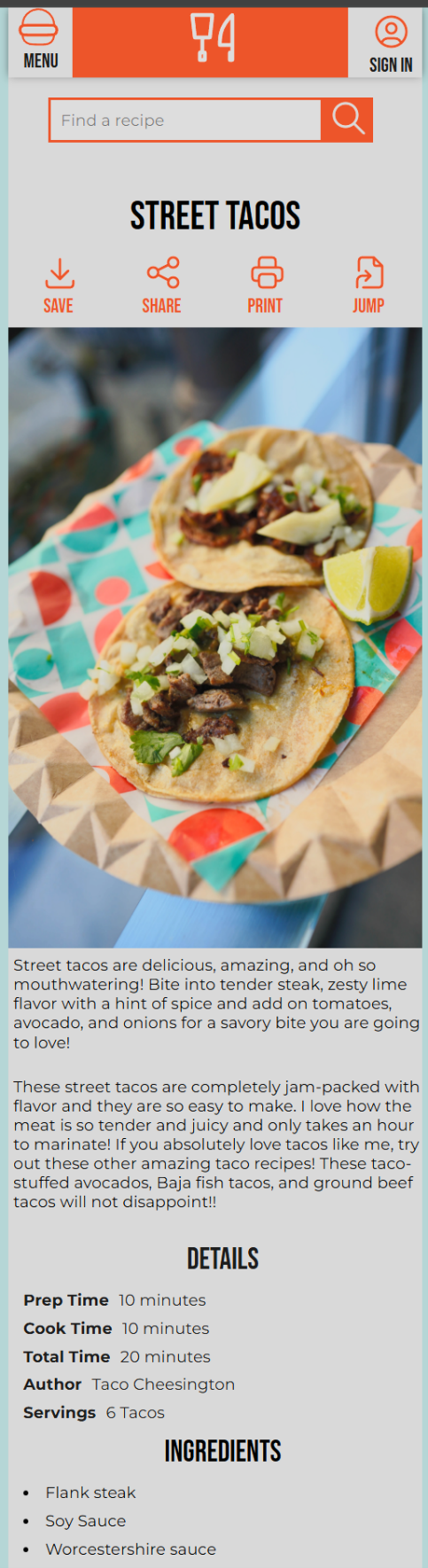Mobile screenshot of a street taco recipe page showing taco images, description, prep details, ingredients, directions, and suggested side dishes with ratings and images