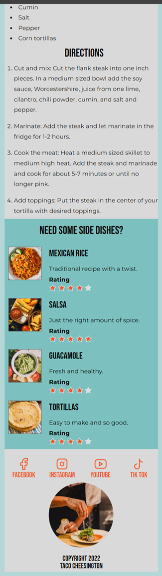 Full-page recipe layout featuring street taco photos, written description, preparation details, ingredients list, cooking directions, and recommended side dishes displayed in a clean vertical design.
