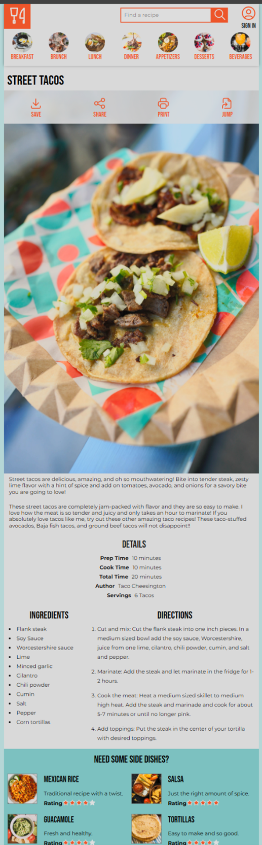 Street taco recipe page with large food photo, description, detailed ingredients and directions, and a section of side dish suggestions with images and star ratings
