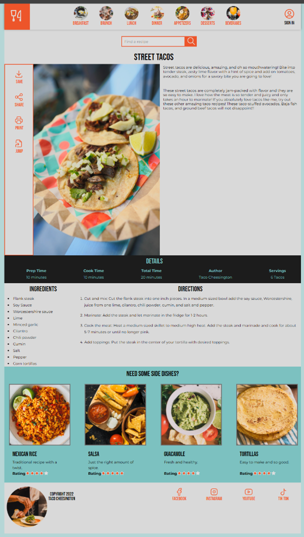 Desktop screenshot of a street taco recipe page with a large food image on the left and detailed recipe description, ingredients, directions, and side dish recommendations on the right.